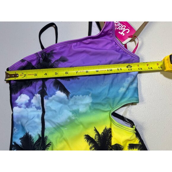 Justice Girls Sz L 12/14 1 Shoulder Cut Out Swimsuit UPF 50+ Rainbow Palm Print - Picture 5 of 9